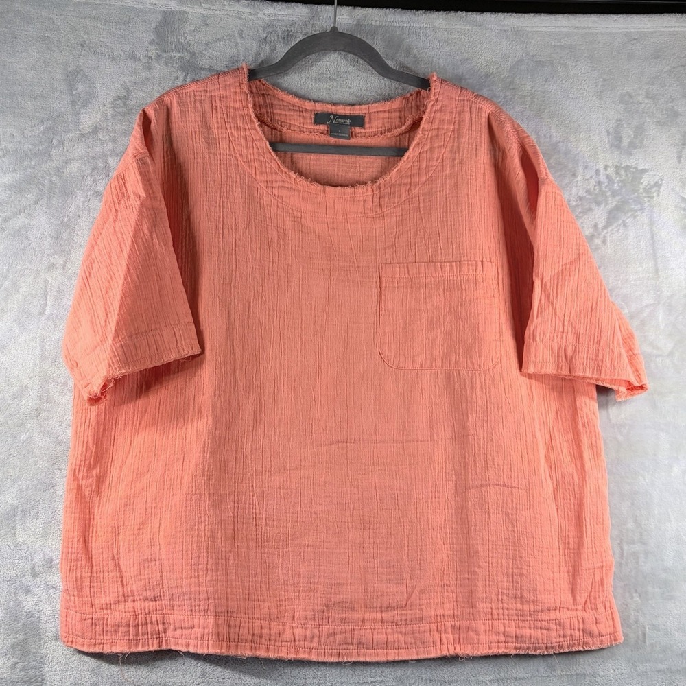 Cotton Gauze Raw Edge Boxy Top Coral Pocket Tee Relaxed Boho Coastal L